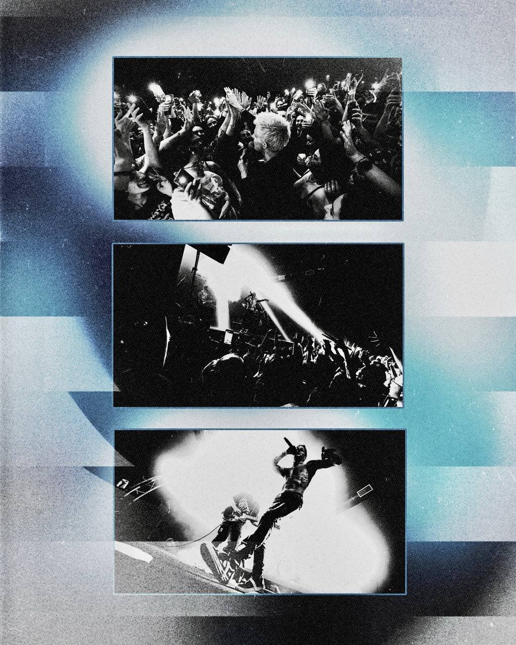 Live show triptych — crowd, stage, and Call Me Karizma performing